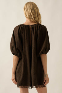 Up for It Eyelet Lace Puff-Sleeve Babydoll Romper - ShopPromesa