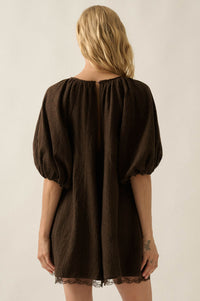 Up for It Eyelet Lace Puff-Sleeve Babydoll Romper - ShopPromesa