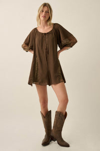 Happy Go Lucky Lace-Inset Puff-Sleeve Romper - ShopPromesa