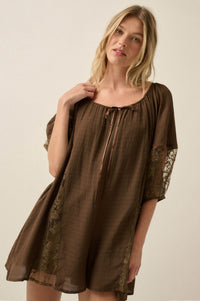 Happy Go Lucky Lace-Inset Puff-Sleeve Romper - ShopPromesa
