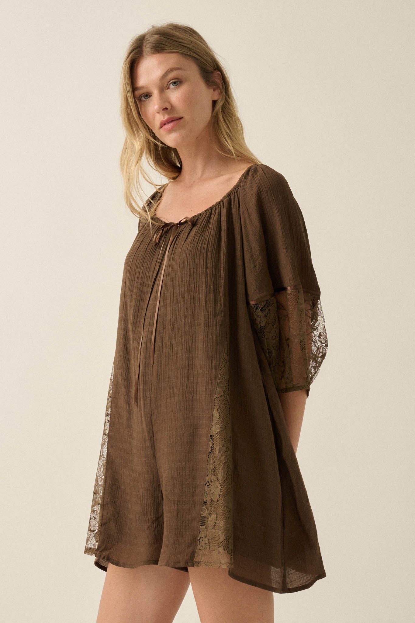 Happy Go Lucky Lace-Inset Puff-Sleeve Romper - ShopPromesa