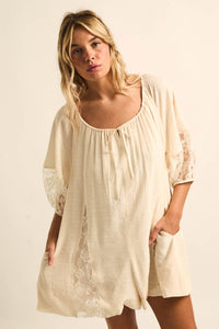 Happy Go Lucky Lace-Inset Puff-Sleeve Romper - ShopPromesa