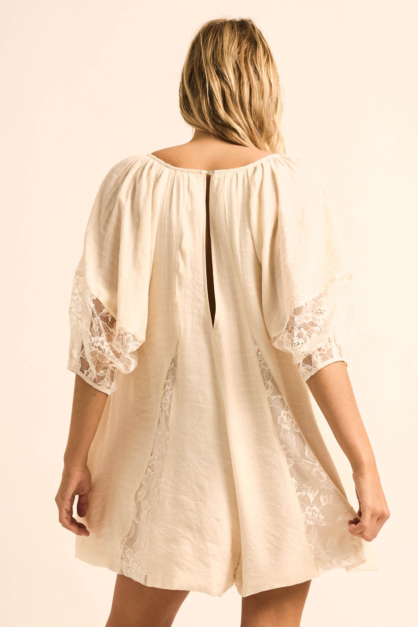 Happy Go Lucky Lace-Inset Puff-Sleeve Romper - ShopPromesa