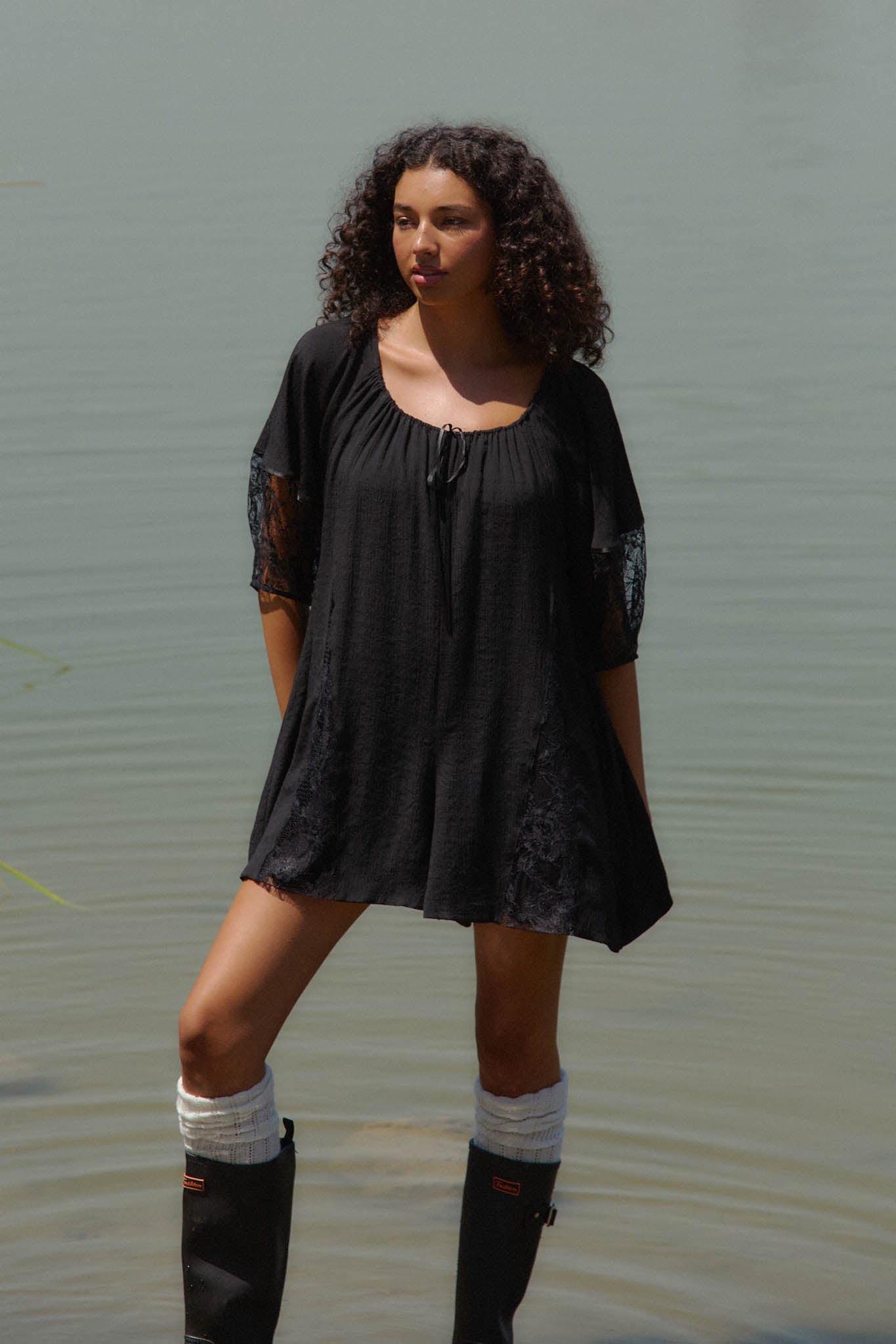 Happy Go Lucky Lace-Inset Puff-Sleeve Romper