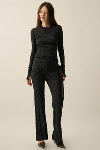 Spot Check Polka Dot Mesh Tie-Waist Flare Pants - ShopPromesa