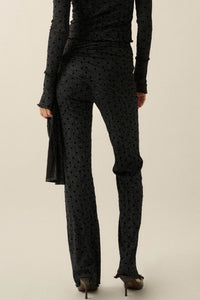 Spot Check Polka Dot Mesh Tie-Waist Flare Pants - ShopPromesa