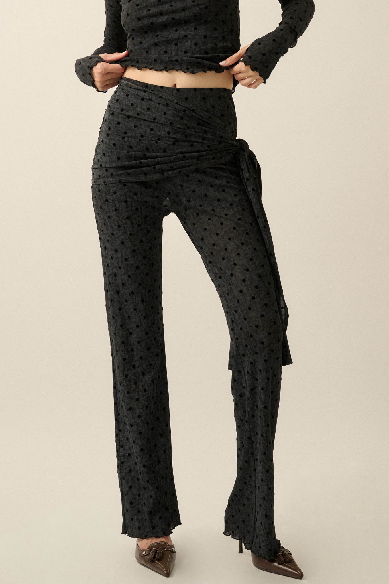 Spot Check Polka Dot Mesh Tie-Waist Flare Pants - ShopPromesa