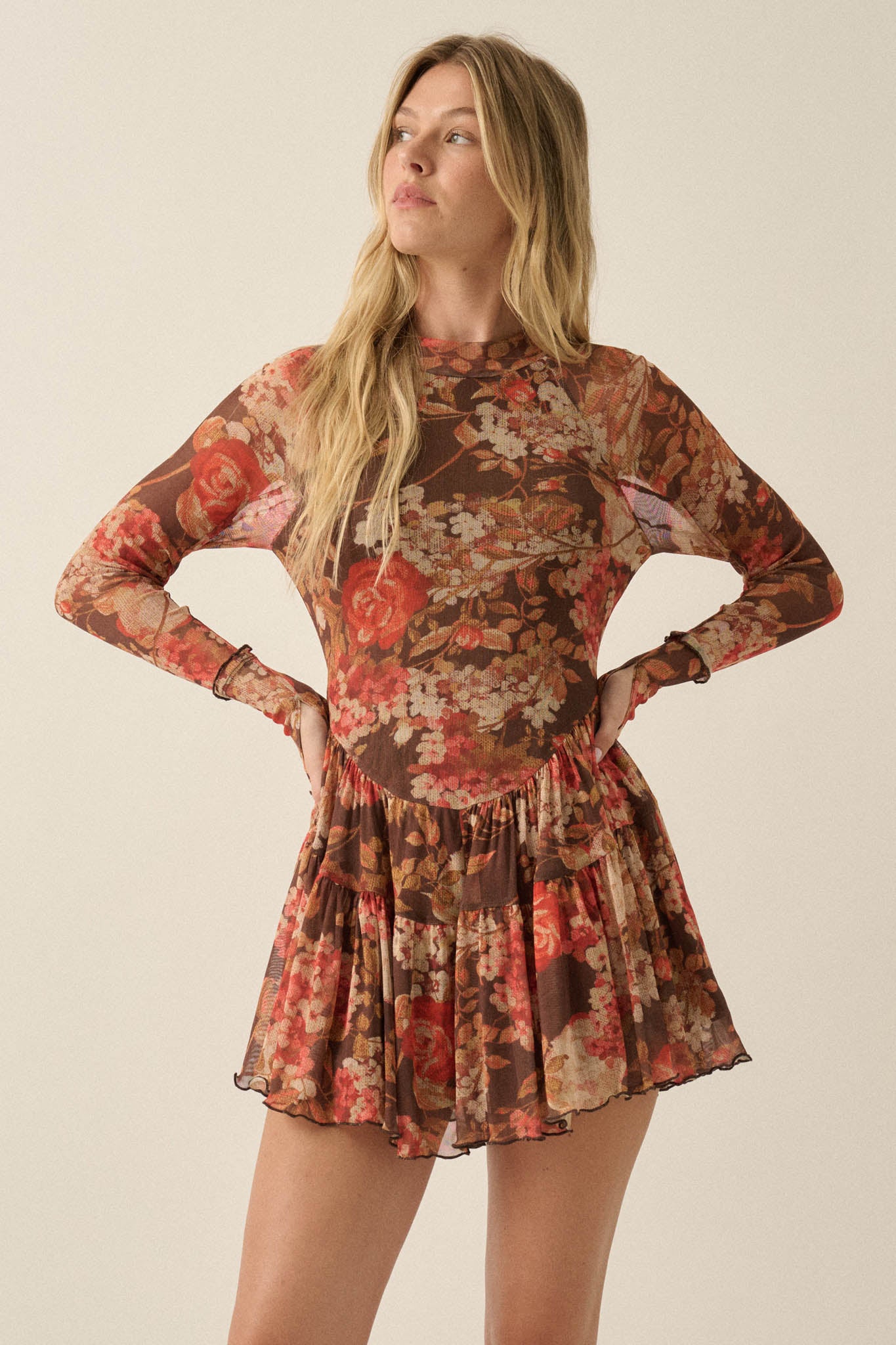 Harvest Harmony Floral Mesh Tiered Thumbhole Romper - ShopPromesa