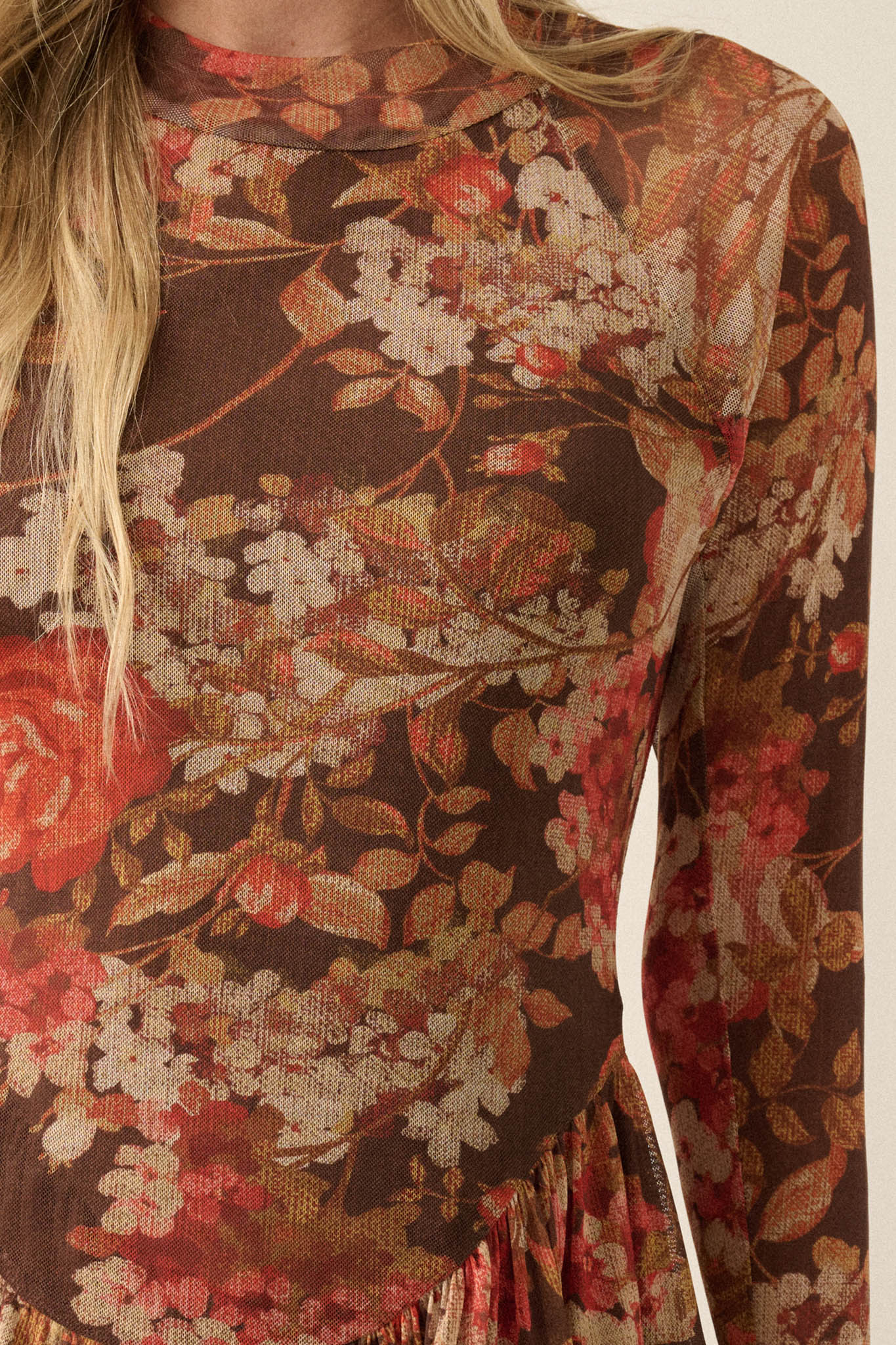 Harvest Harmony Floral Mesh Tiered Thumbhole Romper - ShopPromesa