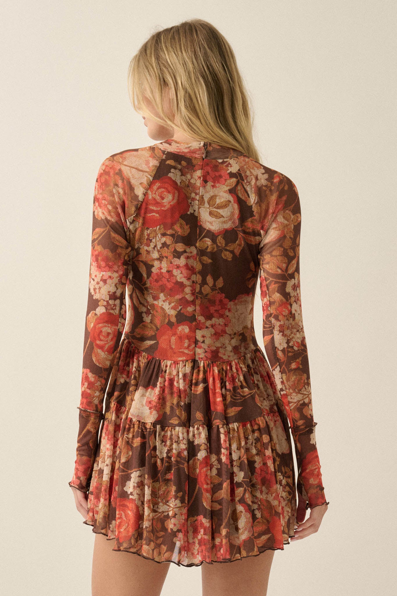 Harvest Harmony Floral Mesh Tiered Thumbhole Romper - ShopPromesa