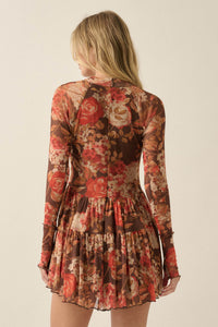 Harvest Harmony Floral Mesh Tiered Thumbhole Romper - ShopPromesa