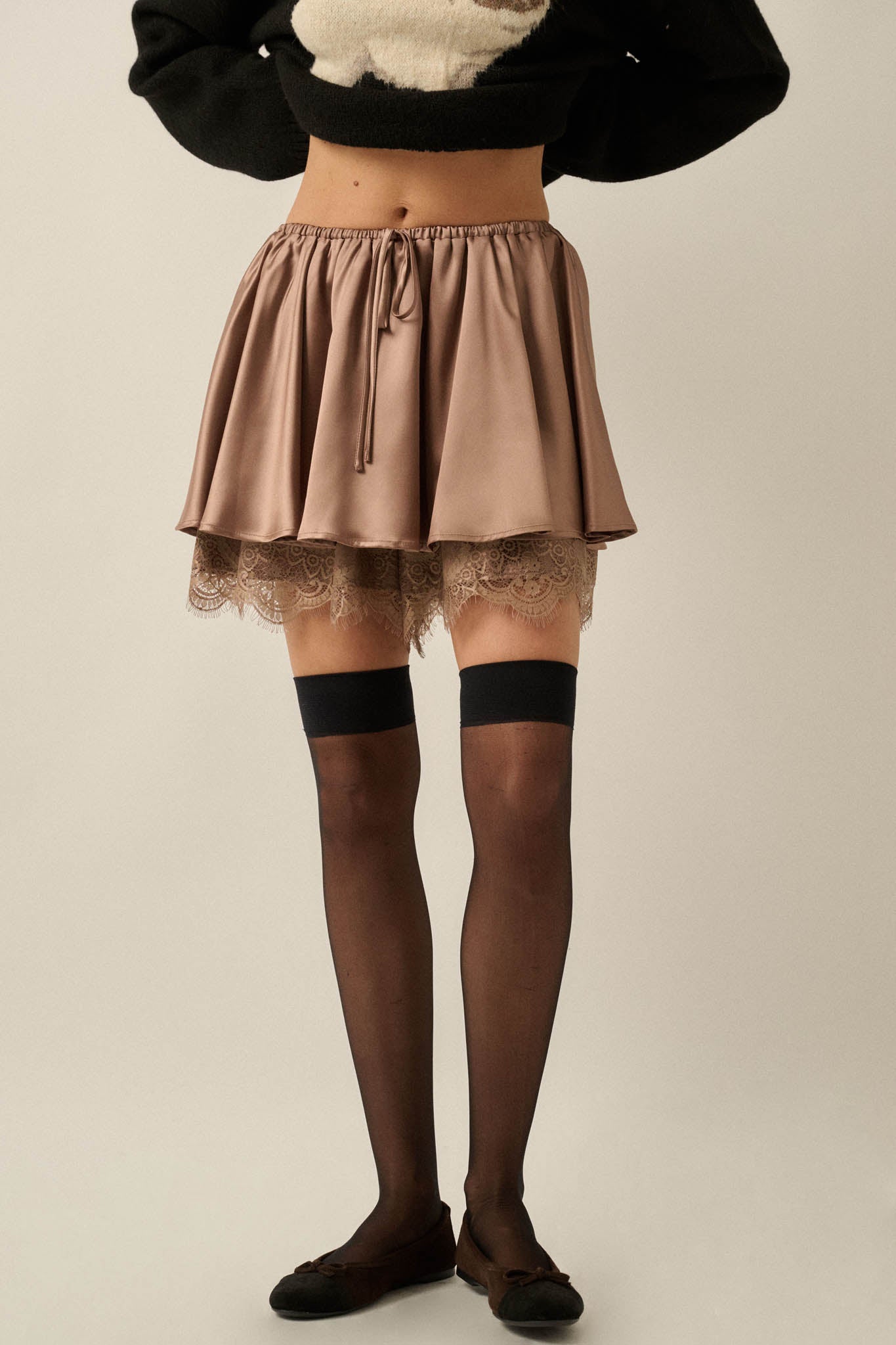 Luxe Life Satin Lace-Trim Gathered Mini Skort - ShopPromesa