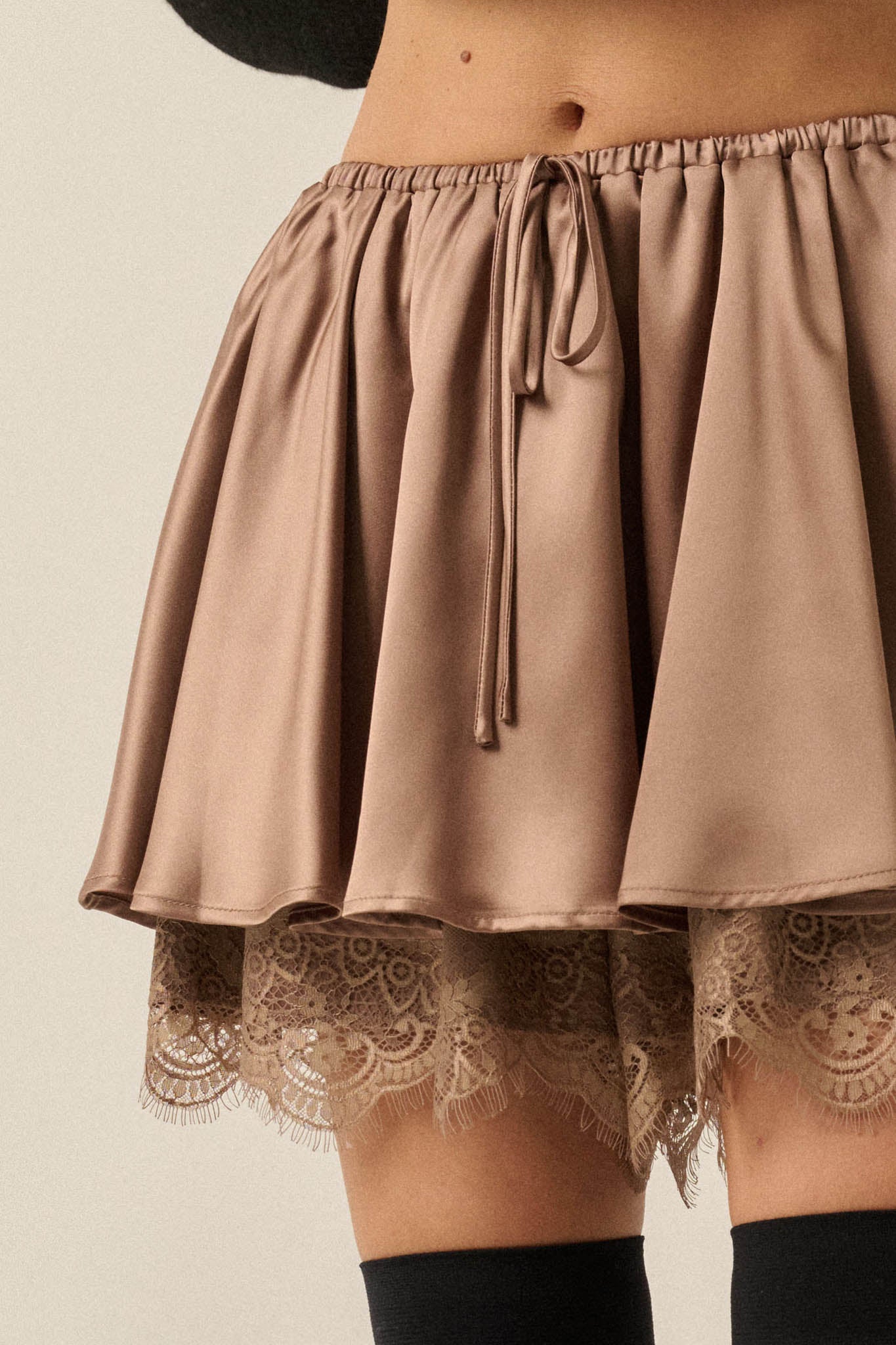 Luxe Life Satin Lace-Trim Gathered Mini Skort - ShopPromesa