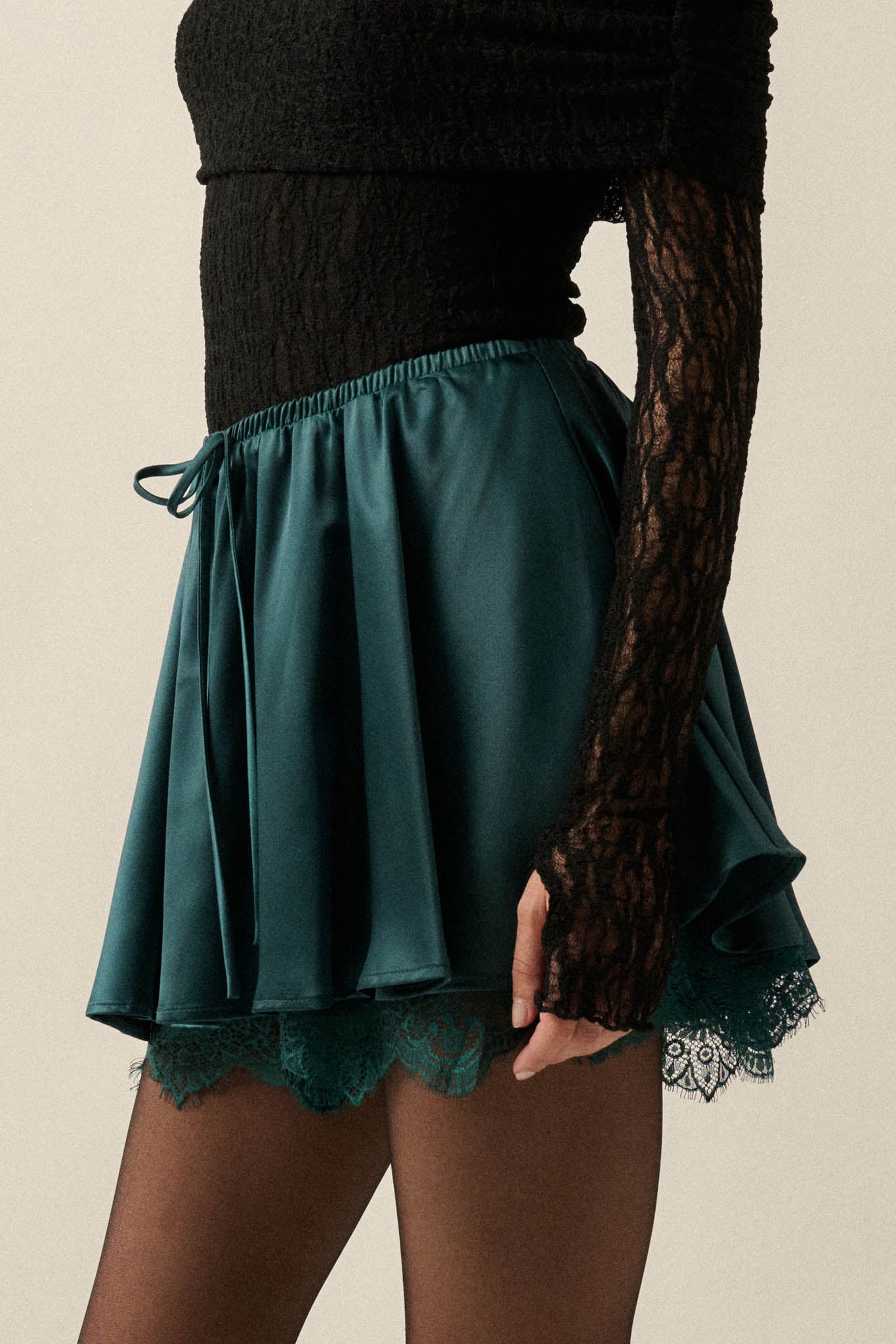Luxe Life Satin Lace-Trim Gathered Mini Skort - ShopPromesa