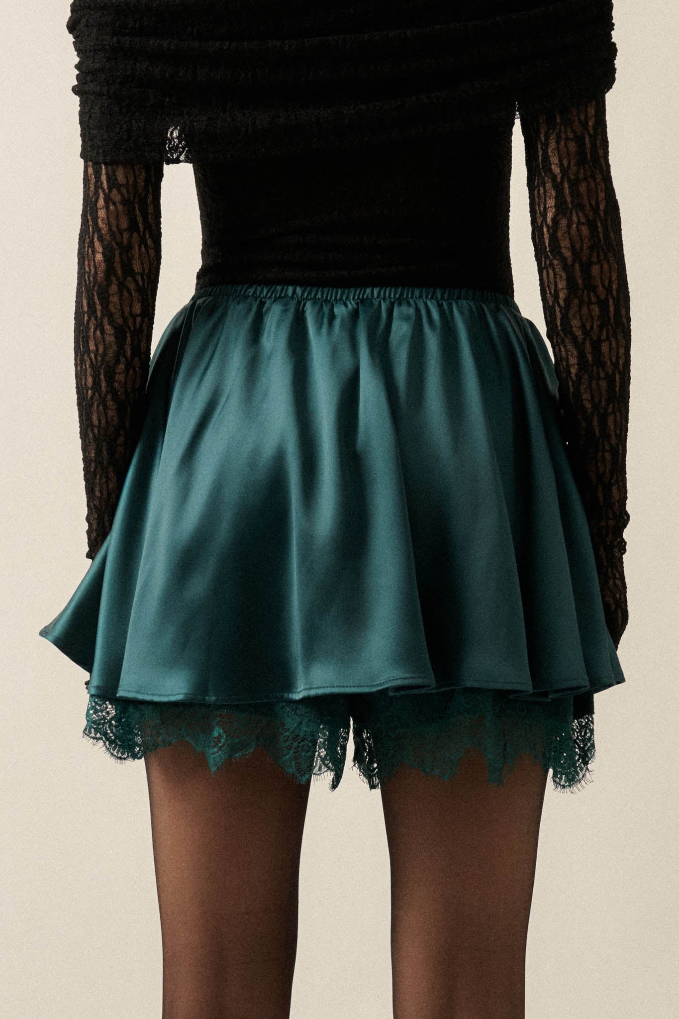 Luxe Life Satin Lace-Trim Gathered Mini Skort - ShopPromesa