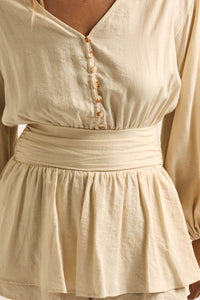 Sunday Stroll Button-Up Bubble-Sleeve Peplum Romper - ShopPromesa