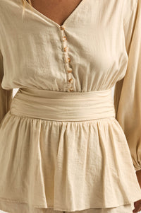 Sunday Stroll Button-Up Bubble-Sleeve Peplum Romper - ShopPromesa