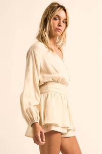 Sunday Stroll Button-Up Bubble-Sleeve Peplum Romper - ShopPromesa