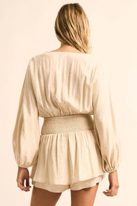 Sunday Stroll Button-Up Bubble-Sleeve Peplum Romper - ShopPromesa