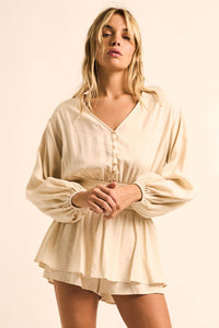 Sunday Stroll Button-Up Bubble-Sleeve Peplum Romper - ShopPromesa