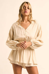 Sunday Stroll Button-Up Bubble-Sleeve Peplum Romper - ShopPromesa