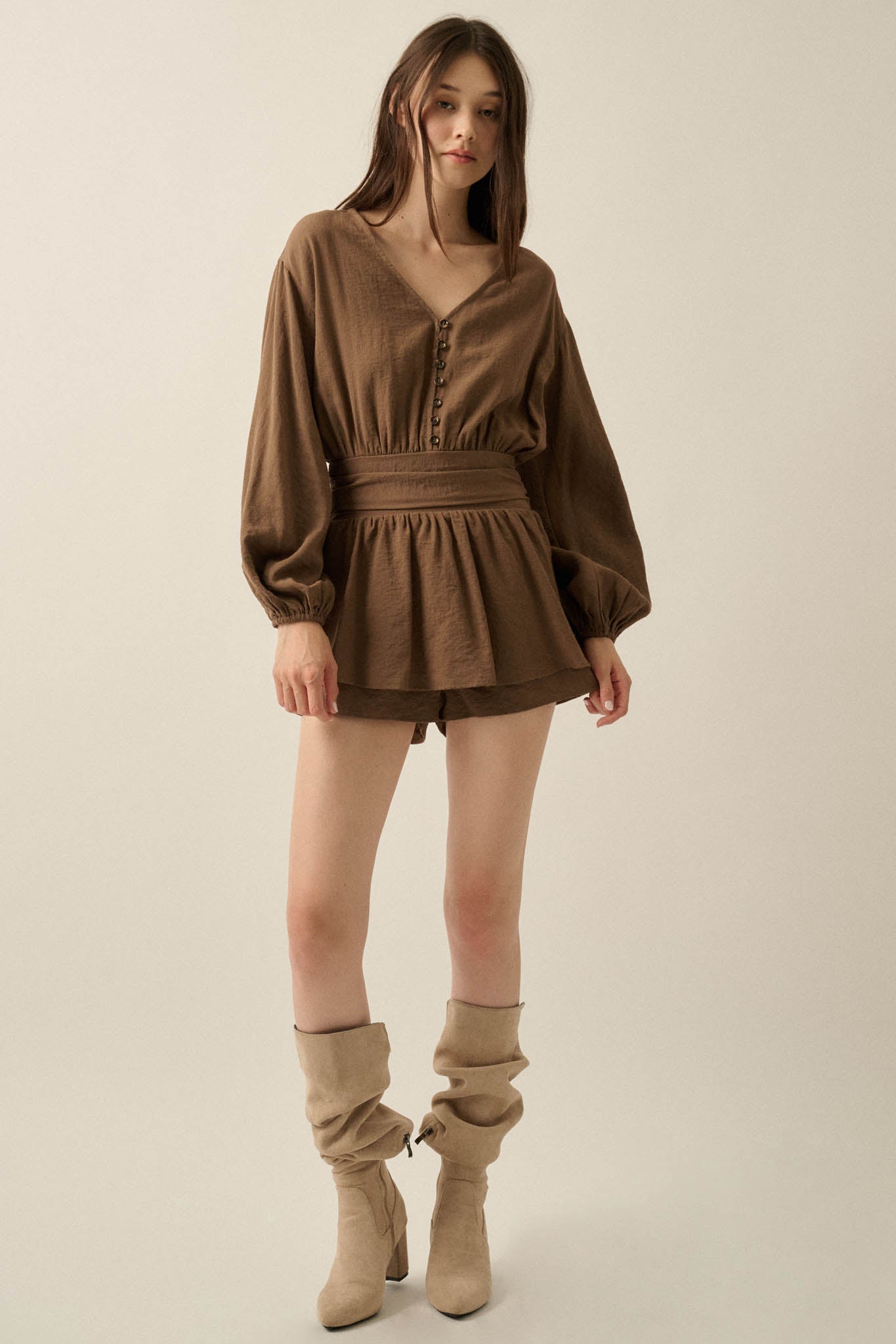 Sunday Stroll Button-Up Bubble-Sleeve Peplum Romper - ShopPromesa