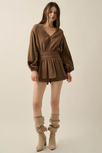 Sunday Stroll Button-Up Bubble-Sleeve Peplum Romper - ShopPromesa