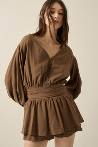 Sunday Stroll Button-Up Bubble-Sleeve Peplum Romper - ShopPromesa