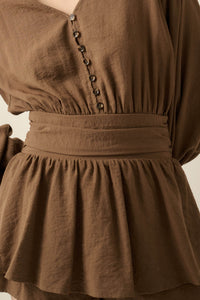 Sunday Stroll Button-Up Bubble-Sleeve Peplum Romper - ShopPromesa