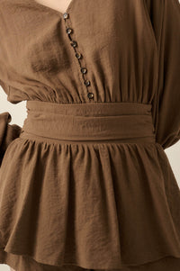 Sunday Stroll Button-Up Bubble-Sleeve Peplum Romper - ShopPromesa