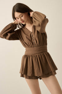 Sunday Stroll Button-Up Bubble-Sleeve Peplum Romper - ShopPromesa