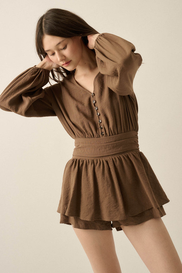 Sunday Stroll Button-Up Bubble-Sleeve Peplum Romper - ShopPromesa