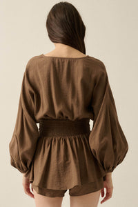 Sunday Stroll Button-Up Bubble-Sleeve Peplum Romper - ShopPromesa