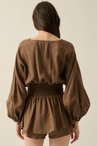 Sunday Stroll Button-Up Bubble-Sleeve Peplum Romper - ShopPromesa