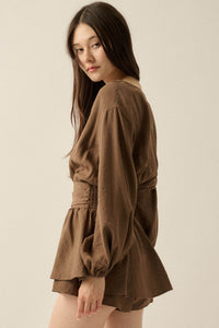 Sunday Stroll Button-Up Bubble-Sleeve Peplum Romper - ShopPromesa