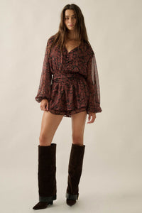 Dream Girl Paisley Chiffon Balloon-Sleeve Peplum Romper - ShopPromesa