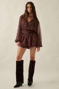 Dream Girl Paisley Chiffon Balloon-Sleeve Peplum Romper - ShopPromesa