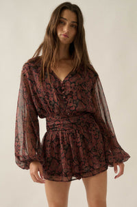 Dream Girl Paisley Chiffon Balloon-Sleeve Peplum Romper - ShopPromesa