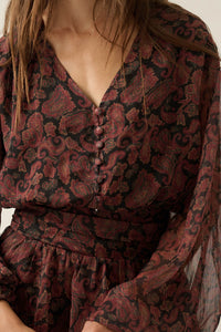 Dream Girl Paisley Chiffon Balloon-Sleeve Peplum Romper - ShopPromesa