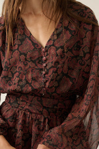 Dream Girl Paisley Chiffon Balloon-Sleeve Peplum Romper - ShopPromesa