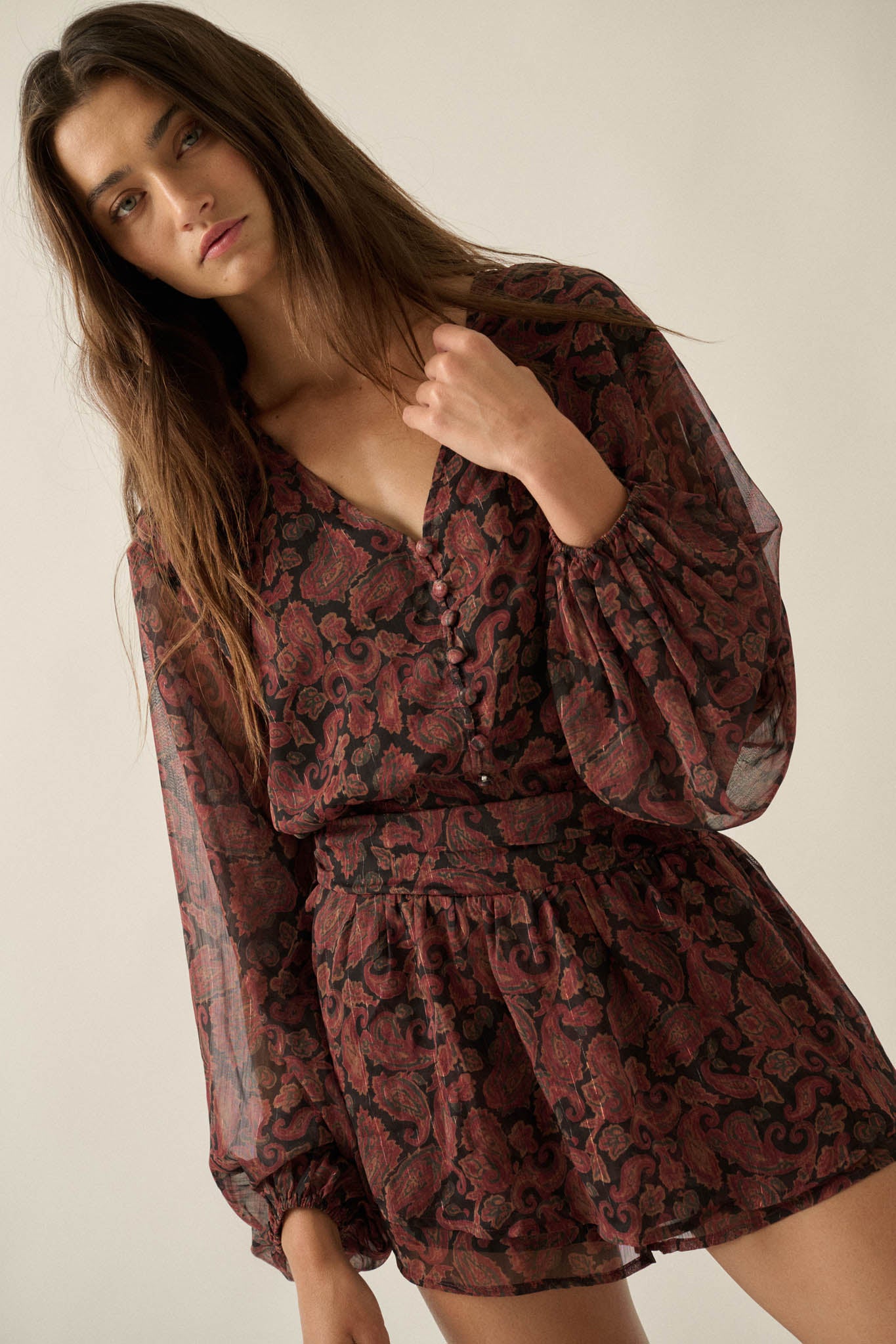 Dream Girl Paisley Chiffon Balloon-Sleeve Peplum Romper - ShopPromesa