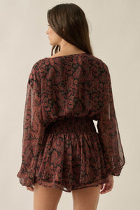 Dream Girl Paisley Chiffon Balloon-Sleeve Peplum Romper - ShopPromesa
