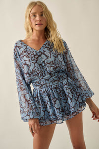 Dream Girl Paisley Chiffon Balloon-Sleeve Peplum Romper - ShopPromesa