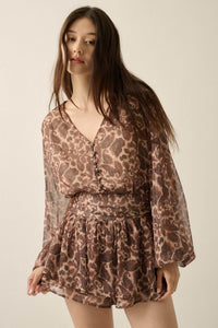Dream Girl Paisley Chiffon Balloon-Sleeve Peplum Romper - ShopPromesa
