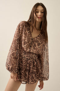 Dream Girl Paisley Chiffon Balloon-Sleeve Peplum Romper - ShopPromesa