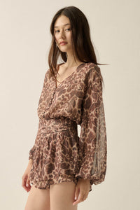 Dream Girl Paisley Chiffon Balloon-Sleeve Peplum Romper - ShopPromesa