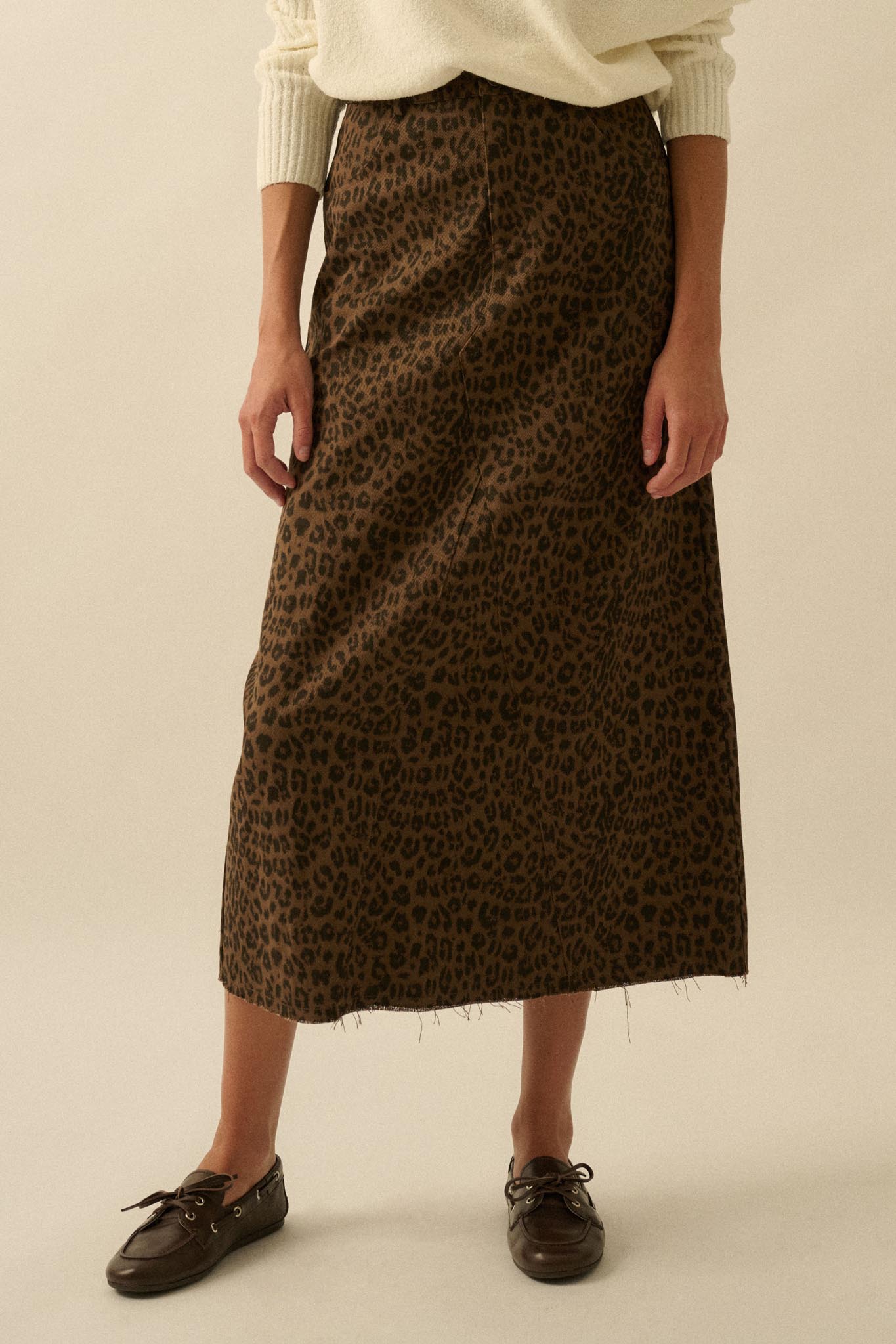 Concrete Jungle Leopard Twill Raw-Edge Midi Skirt - ShopPromesa