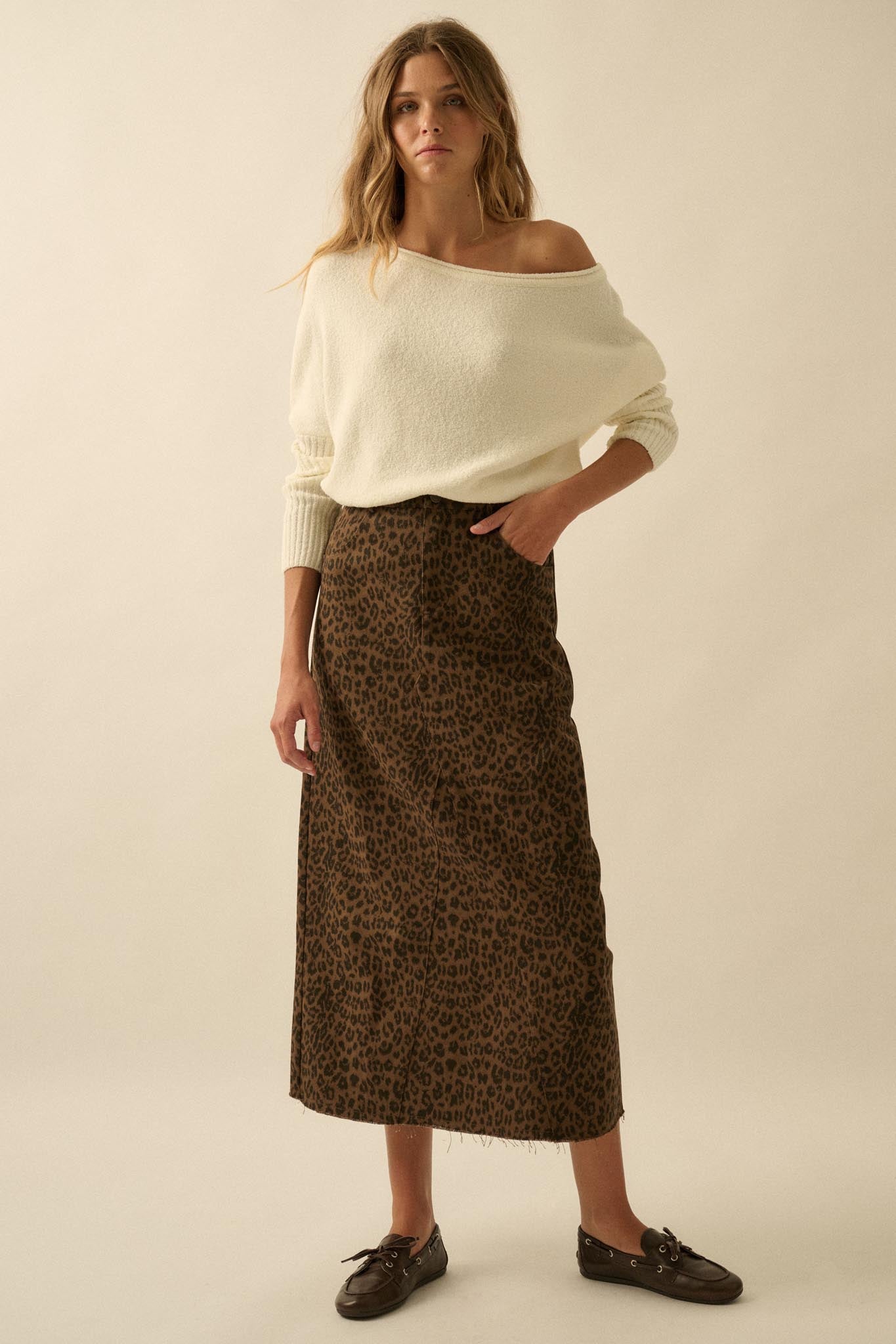 Concrete Jungle Leopard Twill Raw-Edge Midi Skirt - ShopPromesa