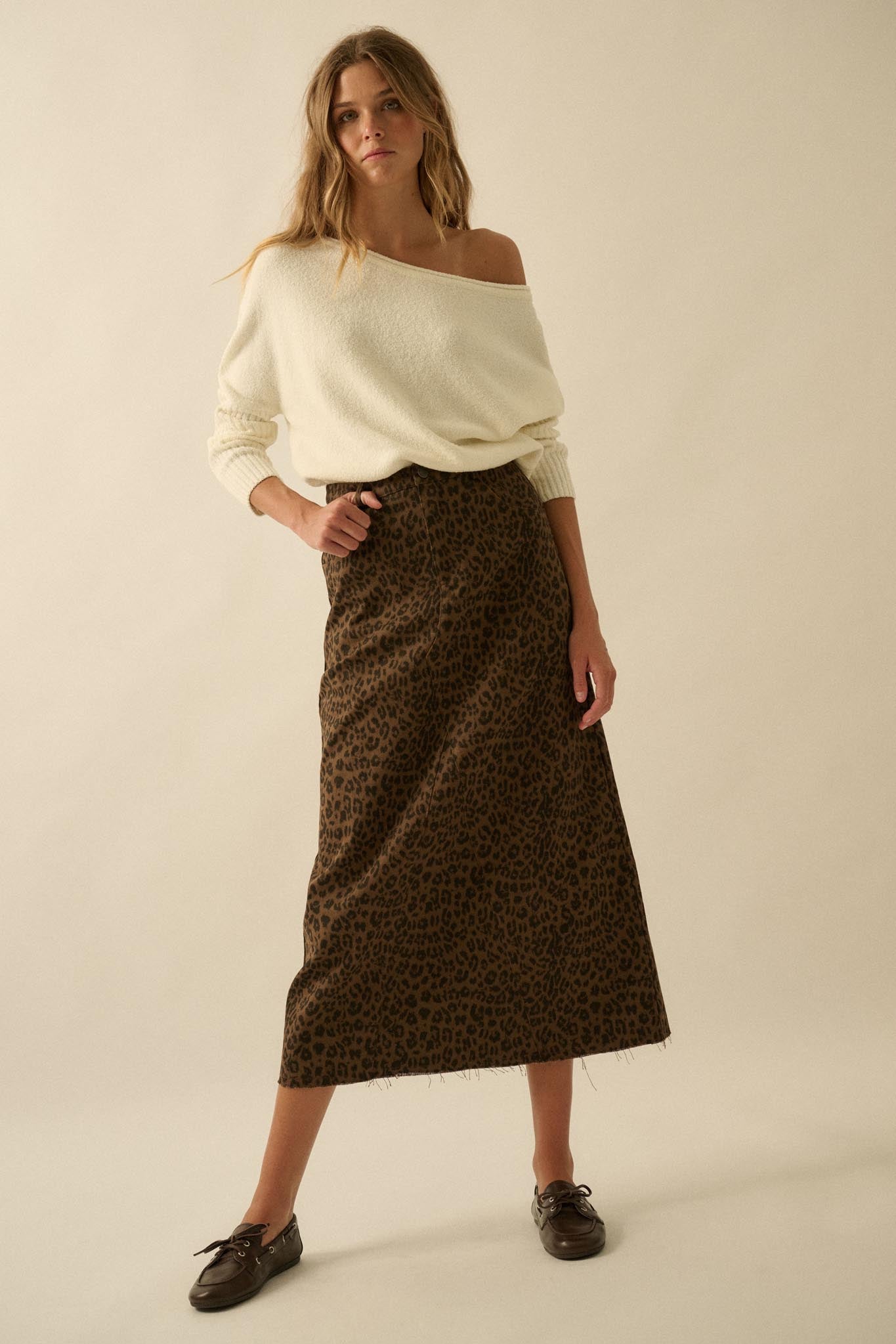 Concrete Jungle Leopard Twill Raw-Edge Midi Skirt - ShopPromesa