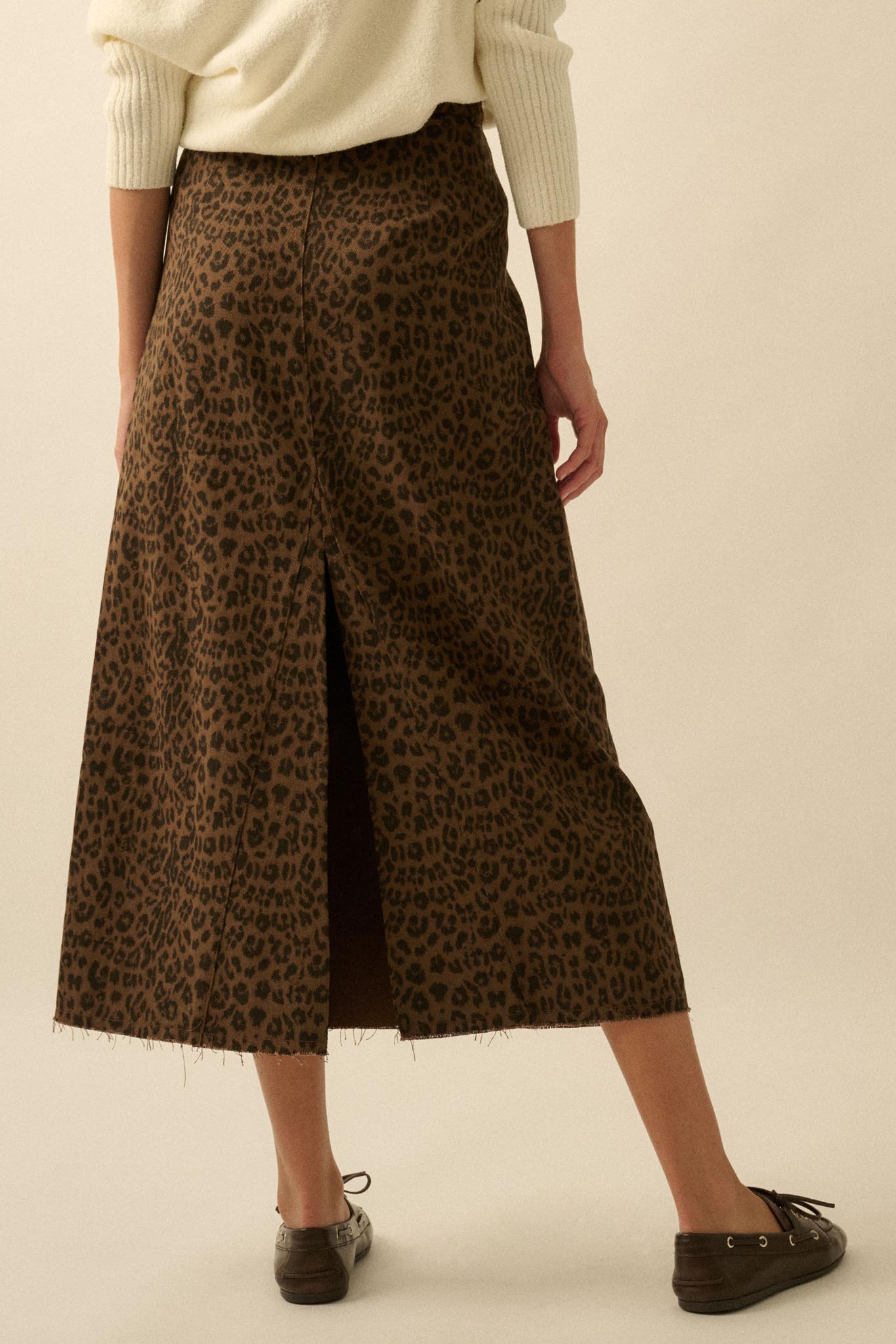 Concrete Jungle Leopard Twill Raw-Edge Midi Skirt - ShopPromesa